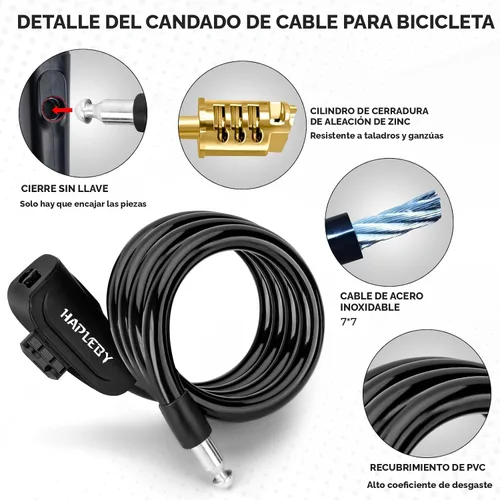 Vista 2 de Hapleby Candado Premium para Bicicleta con 2 Llaves, Candado de Cable Profesional para Bicicleta de 4 Pies, Cable de Candado para Bicicleta