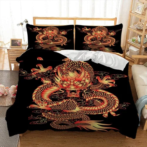 Vista 8 de Juego de ropa de cama con estampado de dragón de China en 3D, funda de edredón tamaño Queen, Textiles para el hogar para adultos, ropa de cama