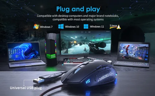 Vista 4 de C309 - Mouse para juegos con cable, mouse RGB para juegos con botones laterales, ajustable de alta precisión 12800 DPI, pesos ajustables, 6 botones
