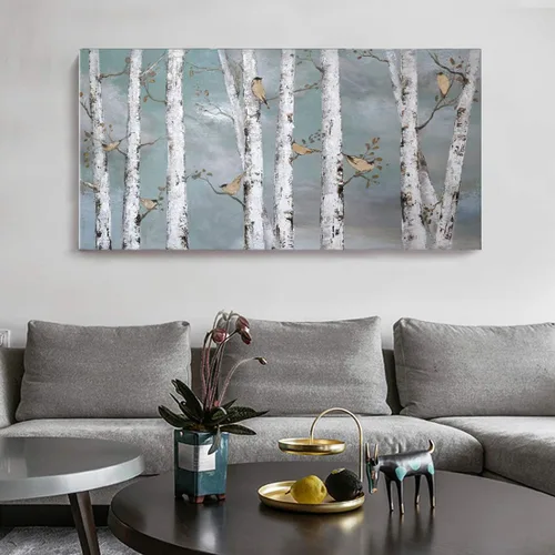 Vista 11 de AMATOP Arte de pared turquesa 100% pintado a mano, pintura al óleo de paisaje forestal en lienzo, obra de arte enmarcada original, pájaro dorado