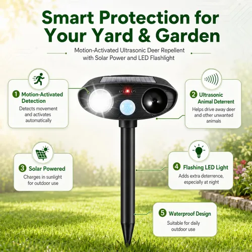 Vista 8 de 2026 - Paquete de 2 dispositivos repelentes de ciervos Sonic Fortress Pro, repelente solar ultrasónico de animales con sensor de movimiento y luz