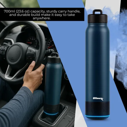 Vista 3 de Ultimaxx Botella de agua de alta calidad aislada al vacío con altavoz Bluetooth, diseño de doble pared de acero, luces, cierre de tapa, conveniente