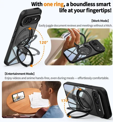 Vista 2 de 【Soporte magnético giratorio de 360°】 Funda para Google Pixel 9 【Compatible con MagSafe y Pixelsnap】 Funda con soporte de anillo 【Cristal Negro