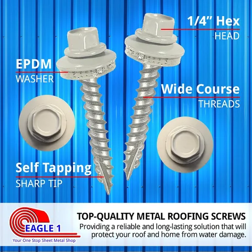 Vista 3 de EAGLE 1 Tornillos para Techos de Metal #10 - Tornillos Autorroscantes con Cabeza Hexagonal Pintada y Arandela de Goma EDPM para Metal a Madera