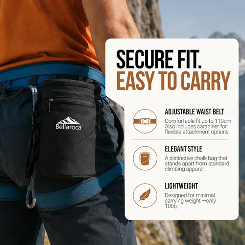 Vista 3 de BELLAROCA® Chalk Bag and Bouldering Brush for Rock Climbing – Waterproof Climbing Set with Ergonomic Design, Adjustable Belt and Carabiner