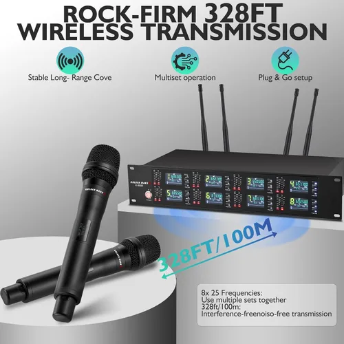 Vista 2 de Sistema de micrófono inalámbrico con micrófonos inalámbricos de 8 canales w/8 Handheld Dynamic Microphones, IR Auto Scan, 8x25 UHF Frequencies