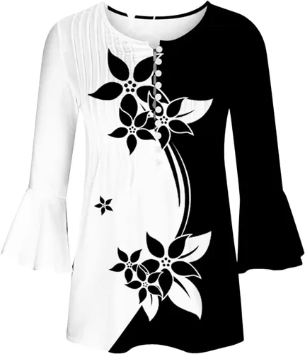Vista 28 de Ceboyel Blusa tipo túnica con estampado floral para mujer, con botones, estilo Henley, con manga de codo, casual, trajes de moda para mujer