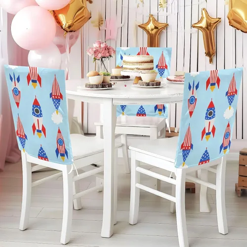 Vista 5 de Juego de 6 fundas decorativas de asiento de cumpleaños con cohetes rojos y azules para silla de aula para dormitorio, lavable, protector de sillas