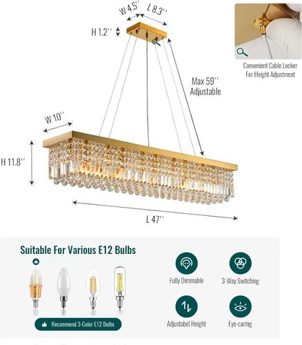 Vista 9 de Lámpara rectangular moderna de cristal dorado de 47 pulgadas para Montaje colgante