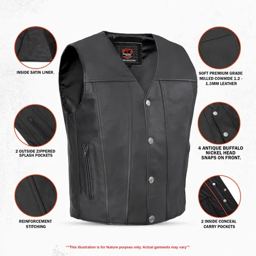 Vista 3 de Chaleco de transporte oculto con panel trasero para hombre (broches de cabeza de níquel búfalo)