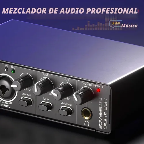Vista 5 de Interfaz de audio USB 2X2 para PC Mac portátil, 24Bit 192kHz para grabación de computadora, guitarra, transmisión, podcasting, con alimentación