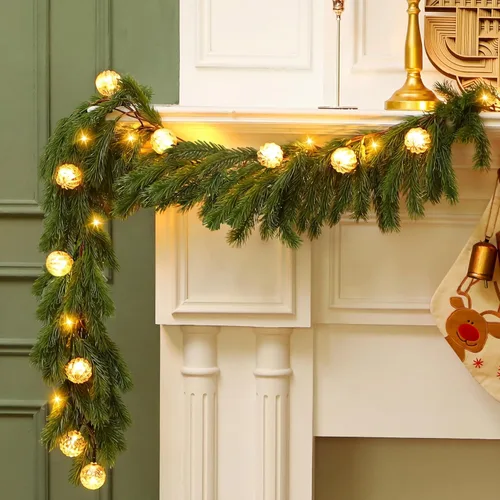 Vista 8 de Ceenna Guirnalda de cedro de Navidad preiluminada de 6.2 pies con luces, guirnalda de pino artificial con adornos de bolas, 8 modos de temporizador