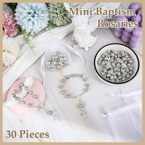 Vista 5 de Sasylvia 30 piezas de recuerdos de bautismo, mini placa de rosario, cuentas de rosario de bautismo con cruz y 30 bolsas de organza para primera