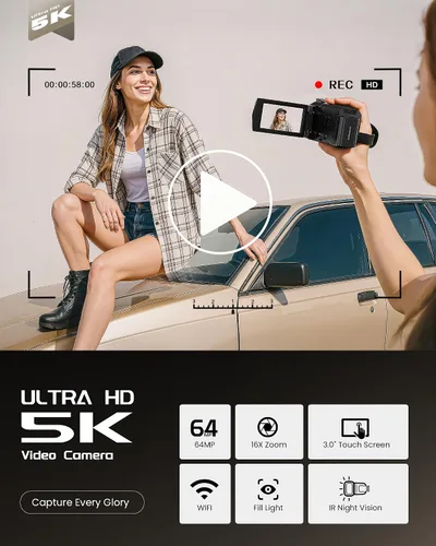 Vista 2 de Videocámara 5K, cámara de video BREGOO UHD 64MP para vlogging en YouTube con pantalla táctil giratoria de 3" 270°, cámara digital con visión Negro