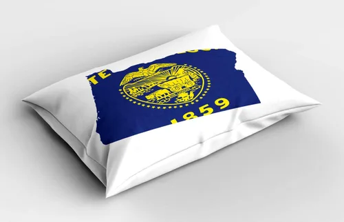 Vista 2 de Lunarable Oregon - Funda de almohada, mapa y bandera ondeando del estado de EE. UU., Beaver State Heart Shape Shield The Union, funda de almohada