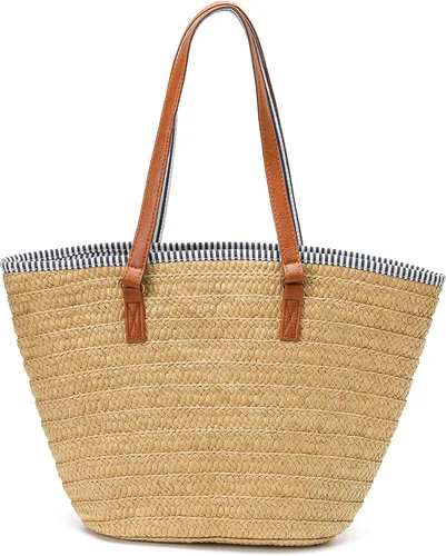 Vista 3 de Epsion Bolsos de playa de paja con borlas para el verano, bolso de hombro tejido a mano con pompones