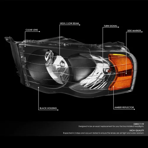 Vista 2 de DNA MOTORING Par de faros delanteros compatibles con Dodge Ram 1500 2500 3500 02-05, izquierda y derecha, carcasa negra, esquina ámbar