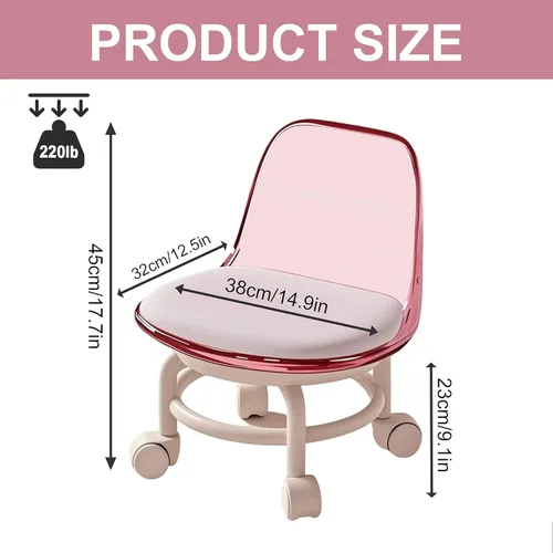 Vista 2 de Silla de polea de acrílico, taburete bajo con polea de respaldo, taburete ergonómico bajo para limpieza del hogar, taburetes de oficina, lavandería