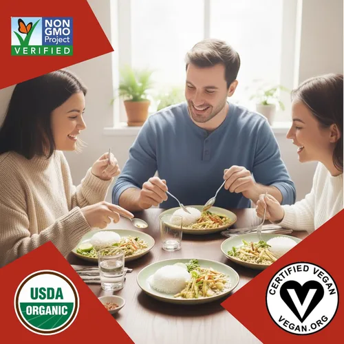 Vista 4 de Curry verde tailandés orgánico vegano con arroz jazmín, curry tailandés vegano, sin OMG, sin MSG, sin gluten, comida de curry instantánea, solo