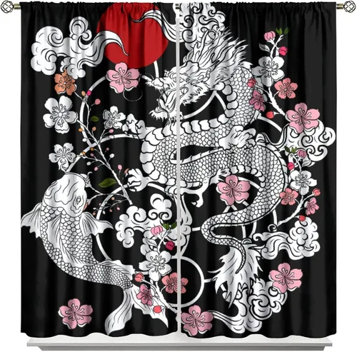 Vista 15 de Cortinas de dragón morado, cortinas opacas de dragón de animales de surf, cortinas de ventana con estampado de olas marinas asiáticas japonesas