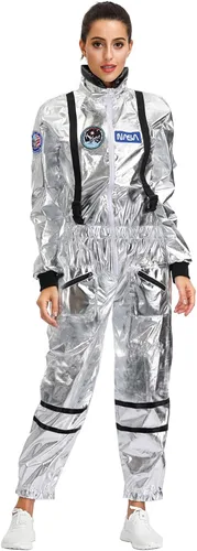 Vista 3 de GRAJTCIN Disfraz de astronauta unisex para mujer y hombre, traje espacial plateado para Halloween