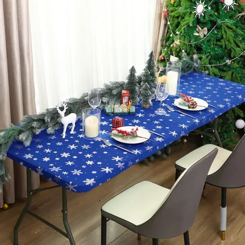 Vista 4 de Mixweer 1 Pza Mantel de Copo de Nieve Borde Elástico Ajuste Ceñido Rectangular Cubierta de Mesa Plegable 6 Pies, 30 x 72'' Tela de Poliéster