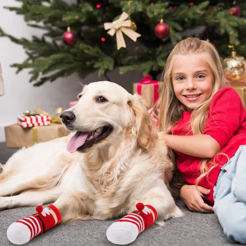 Vista 6 de Rypet 2 pares de calcetines de Navidad para perro, antideslizantes, con correas ajustables, control de tracción para interiores y suelos de madera