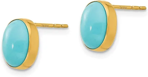 Vista 2 de Aretes de oro amarillo macizo de 14 k con bisel ovalado simulado turquesa (0.276 in x 0.315 in), Oro, Turquesa