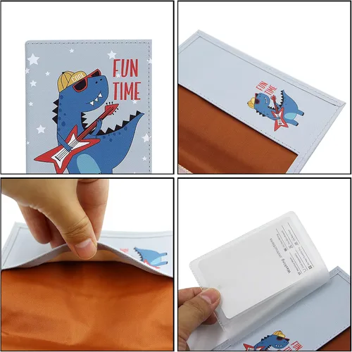 Vista 3 de Funda para pasaporte de piel vegana con diseño de mapa del mundo, con un bolsillo, para niños, adolescentes y adultos, Cartoon Dinosaur