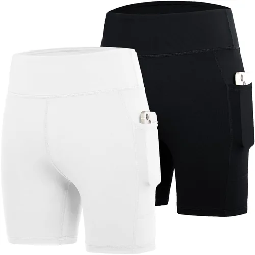 Vista 17 de DEVOROPA Pantalones cortos de 5" de elastano para niñas, pantalones cortos de voleibol, pantalones cortos elásticos para atletismo y gimnasia Beige