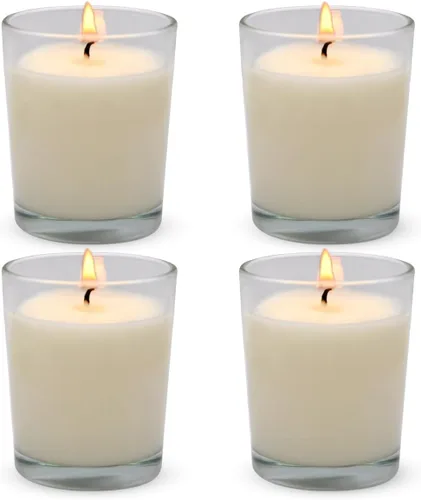 Vista 8 de Juego de 4 velas votivas verdes para Navidad y día de San Patricio, velas de cera de soja sin perfume rellenas de vidrio transparente