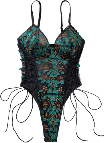 Vista 12 de Lilosy Teddy de Lencería Sexy para Mujer con Cordones y Bordado Floral, Body Top de Malla Transparente de Una Pieza Verde militar