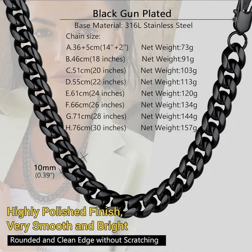 Vista 4 de PROSTEEL Trendy Cuban Links Necklace for Men Women, Black18K Gold Plated 316L Stainless Steel, W 4.8mm-14mm, L 14inch-30inch, Come Gift Box