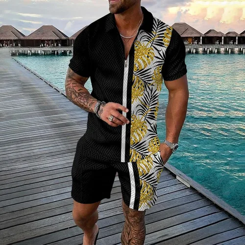 Vista 2 de Conjunto deportivo de 2 piezas para hombre, camiseta polo y pantalón corto, con cremallera de un cuarto, casual, elegante, grande y alto
