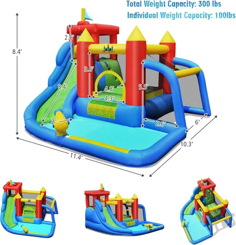 Vista 5 de BOUNTECH Tobogán acuático inflable, parque de toboganes acuáticos 7 en 1 para niños, diversión al aire libre con puerta de fútbol, soplador GFCI