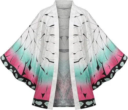 Vista 2 de Shinobu Haori Kimono Cosplay Costume - MIAQIWUYU Anime Kochou Shinobu Kimono Haori Role Cloak Cardigan Headdress Earring