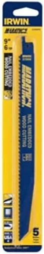 Vista 3 de IRWIN Tools 372956P5 - Hoja de sierra recíproca, corte de madera incrustada en madera y clavos, 9 pulgadas, 6 TPI, paquete de 5