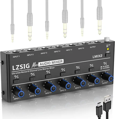 Vista 3 de LZSIG Mini mezclador de audio, mezclador de línea estéreo para submezcla, ultra bajo ruido, 4 canales, salida TS y TRS de 1/4" y 1/8" y entrada