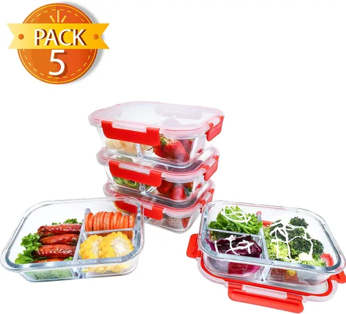 Vista 9 de BlueHills Recipientes de vidrio prémium para preparación de comidas con tapas rojas de cierre a presión, recipientes de alimentos de vidrio sin BPA