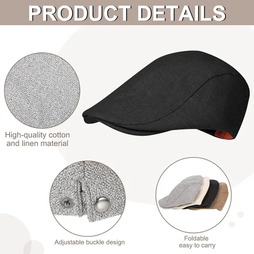 Vista 4 de 4 piezas de gorra plana suave ajustada Newsboy sombreros irlandeses para hombre, sombreros de conducción, sombreros de verano de algodón y lino