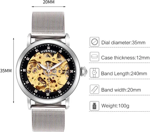 Vista 6 de RORIOS Reloj mecánico automático para mujer, esfera esquelética, correa de acero inoxidable, relojes de pulsera para mujer