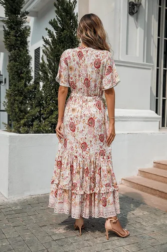 Vista 2 de R.Vivimos - Vestido por debajo de la rodilla para mujer, de manga corta, de algodón, con cuello en V, diseño floral y estilo informalbohemio