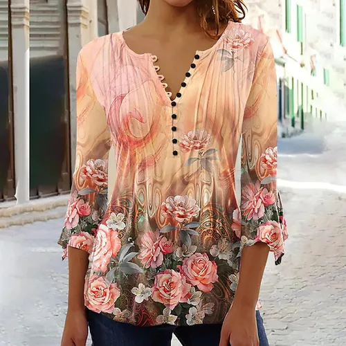Vista 2 de Blusas de otoño para mujer, con estampado floral, de moda, manga 34, con botones, cuello en V