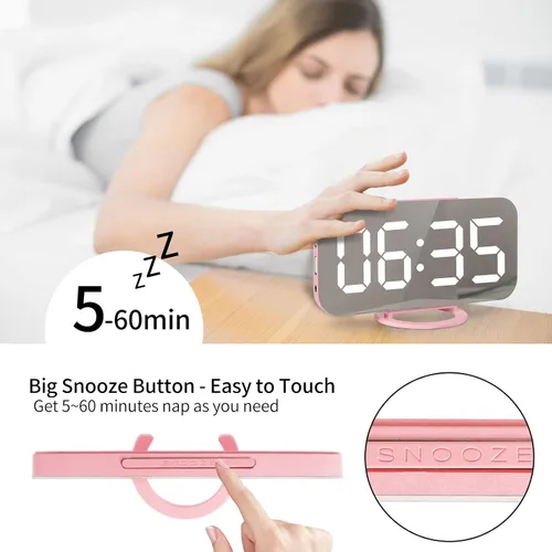 Vista 3 de Lamisola Despertador digital rosa para niñas, gran reloj de escritorio con espejo LED, 2 puertos de carga USB, relojes estéticos y elegantes