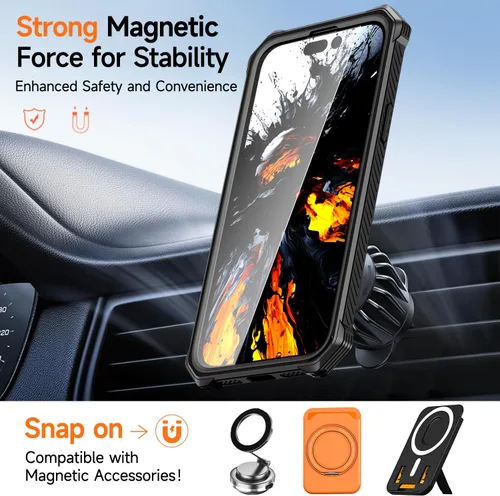Vista 2 de Funda magnética para iPhone 15 con soporte y protector de pantalla [compatible con Magsafe] antideslizante, cuerpo completo, doble capa, resistente