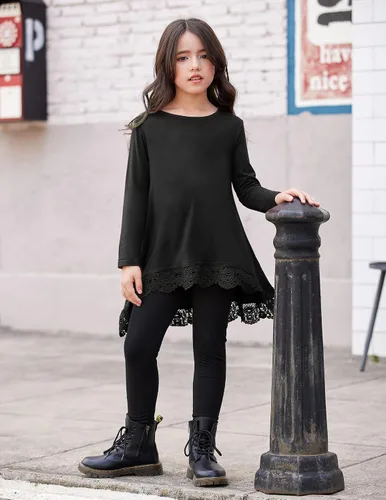 Vista 2 de Arshiner - Blusa tipo túnica para niñas, casual, básica, suelta, suave, con movimiento, de manga larga, camiseta tipo playera Negro (C Black)