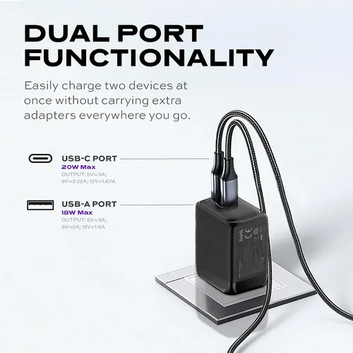Vista 3 de STATIK Adaptador de corriente GaN de carga rápida - 20 W Dual USB C y USB - Cargador compacto plegable para iPhone, iPad, Samsung, Pixel
