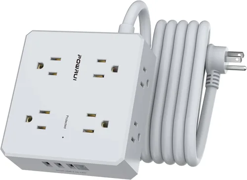 Vista 11 de Regleta protectora de sobretensiones – Cable de extensión de enchufe plano de 6 pies con 8 tomas amplias y 4 puertos USB (1 USB C), extensor de Negro