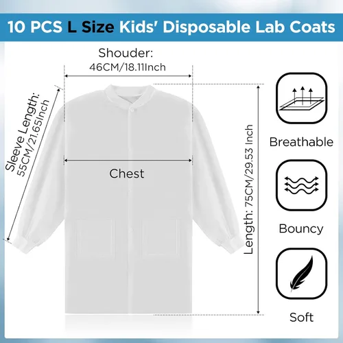 Vista 2 de 10 abrigos de laboratorio desechables para niños, abrigos de ciencia blancos a granel para niños con puños de punto elástico y cierre frontal a
