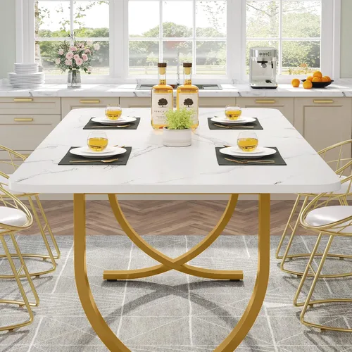 Vista 9 de LITTLE TREE Mesa de comedor, mesa de cocina con tablero de mármol sintético y patas de metal dorado Blanco & Oro